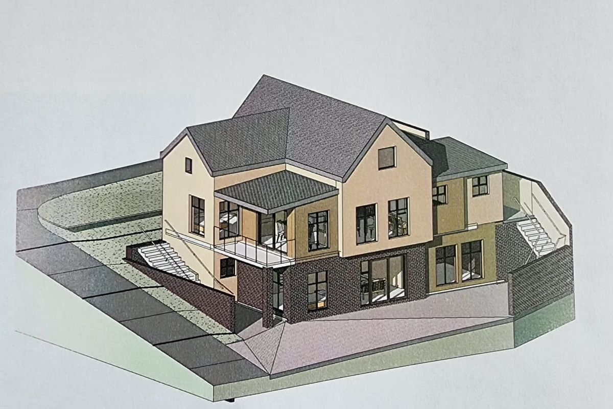 An architectural 3D rendering showing the exterior design, roof structure, and layout of the proposed house.