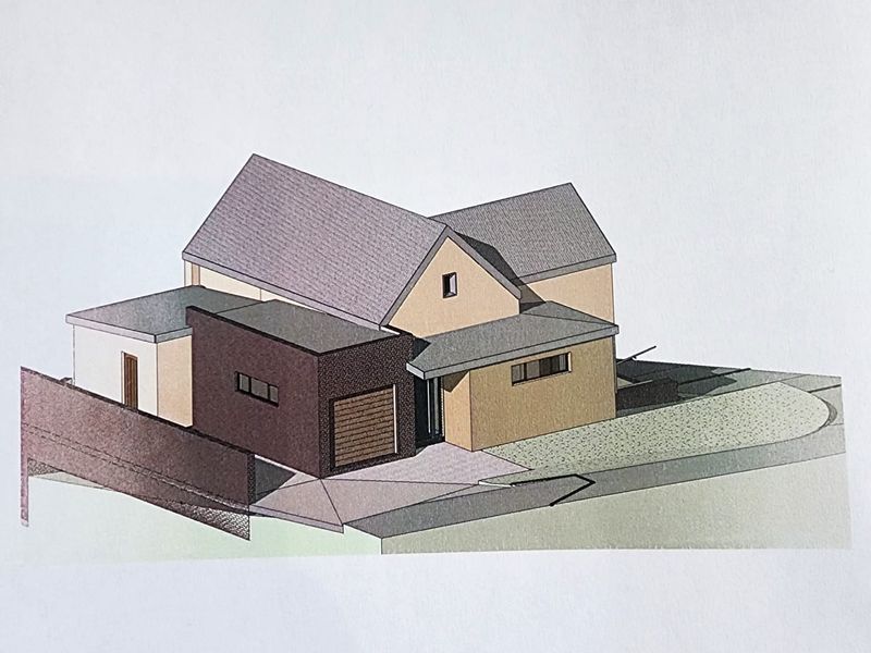 An architectural 3D rendering showing the exterior design and massing of the proposed house structure.