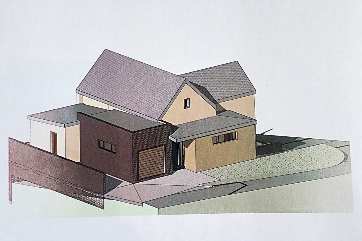 An architectural 3D rendering showing the exterior design and massing of the proposed house structure.