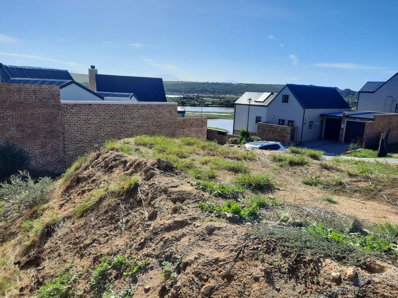 Elevated view overlooking a residential estate with brick boundary walls, modern pitched roof homes, and a distant water feature.