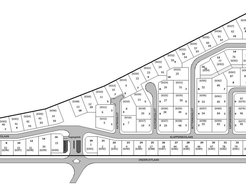 A detailed site layout plan for the Karookraal development in Hartenbos, showing individual plot numbers and street access.