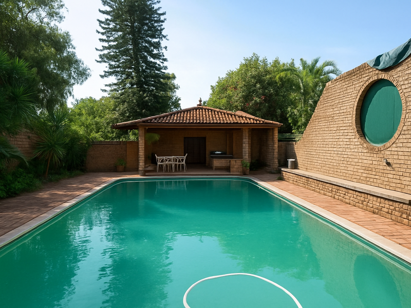 A well-maintained outdoor pool area featuring a swimming pool, brick boundary walls, and a covered patio with a tiled roof.
