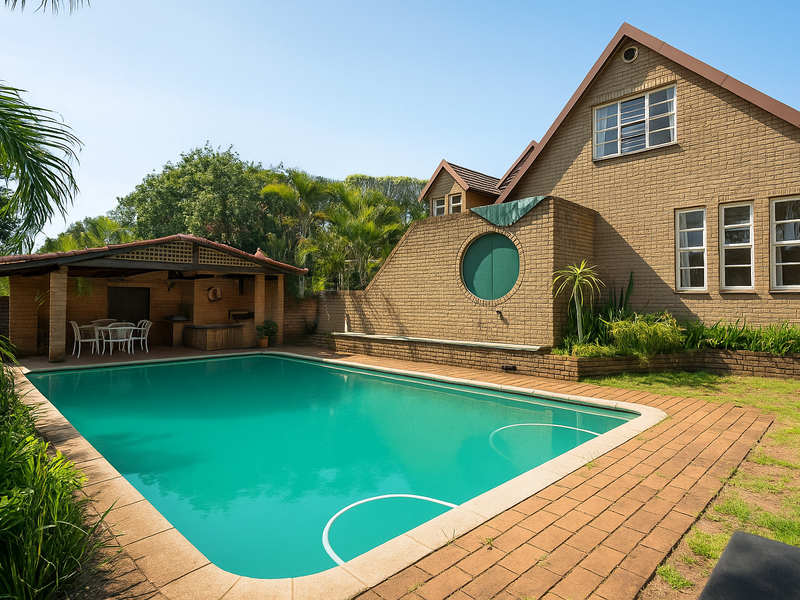 A spacious backyard featuring a swimming pool, a brick-paved patio area, and a covered outdoor entertainment space with a built-in braai.