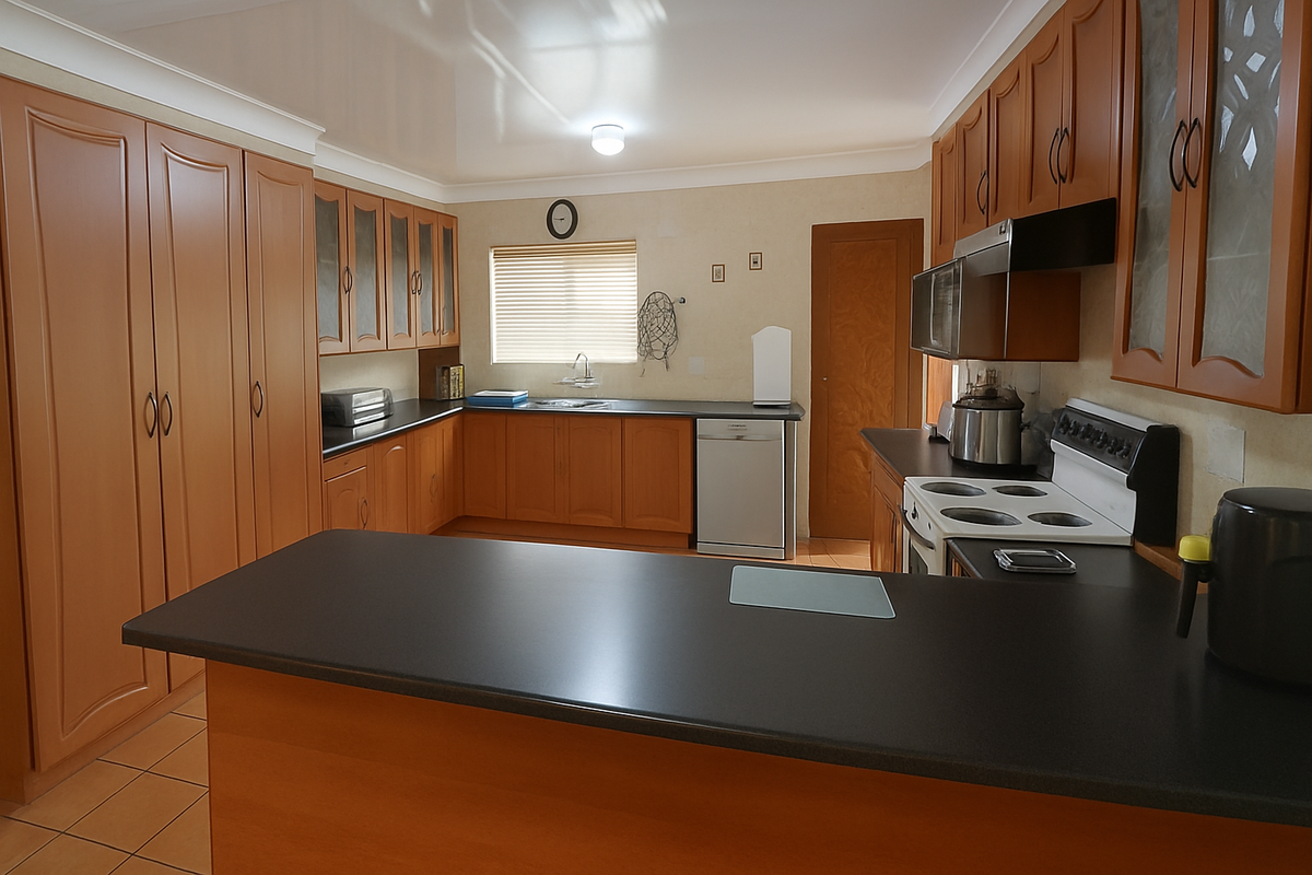 A functional kitchen featuring extensive wood-tone cabinetry, dark laminate countertops, built-in cooking appliances, and tiled flooring with a breakfast bar area.