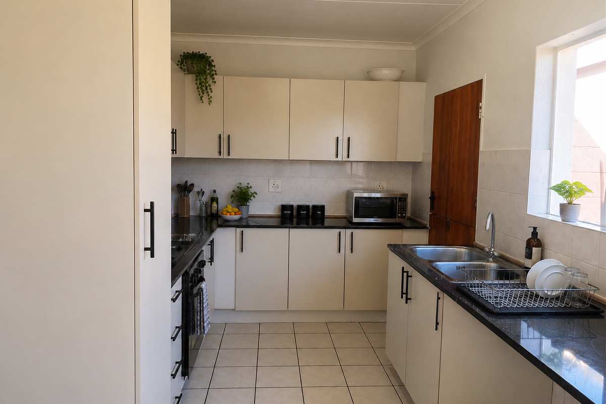 A functional kitchen featuring light-toned cabinetry, dark granite countertops, a double basin sink, and built-in appliances with neutral tiled flooring.