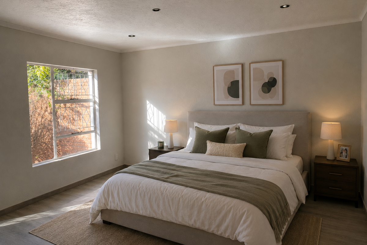 A well-lit, neutrally decorated bedroom featuring recessed downlighting and a window with security bars, offering a clean and comfortable living space.