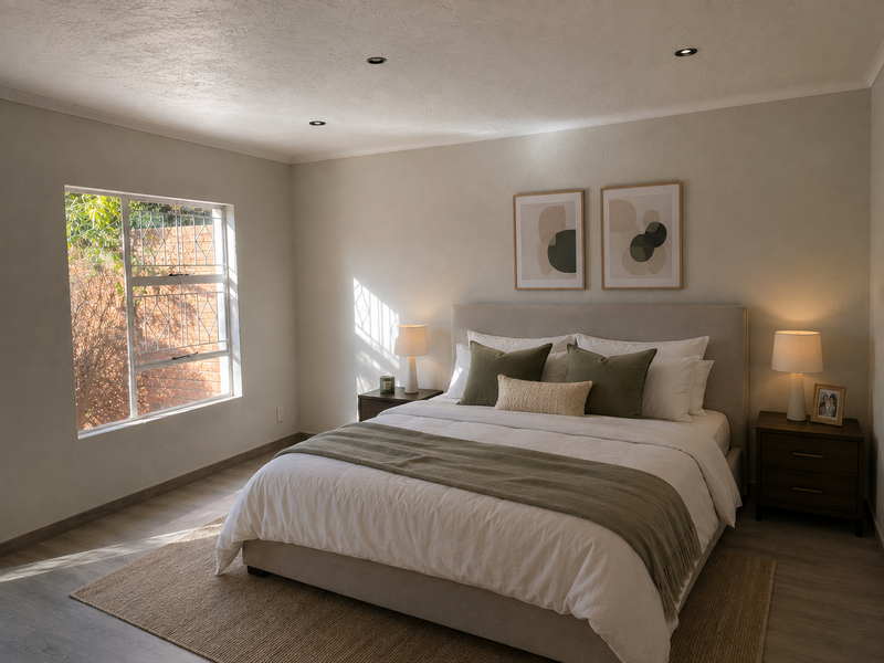 A well-lit, neutrally decorated bedroom featuring recessed downlighting and a window with security bars, offering a clean and comfortable living space.