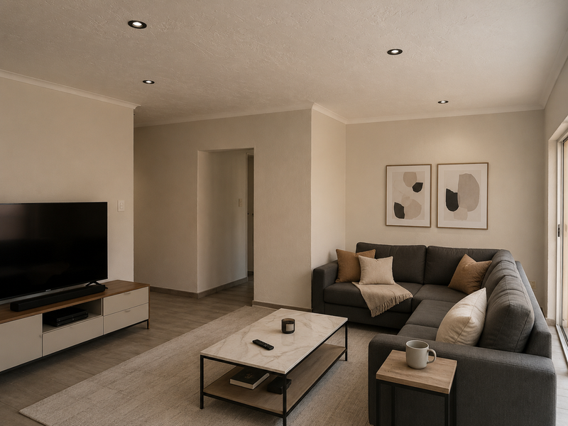 A well-maintained living room featuring recessed downlighting, neutral finishes, and a sliding glass door providing access to the exterior.