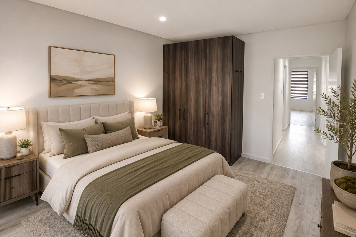 A well-appointed bedroom featuring modern laminate flooring, recessed downlighting, and a large built-in dark wood wardrobe, leading into a bright hallway.