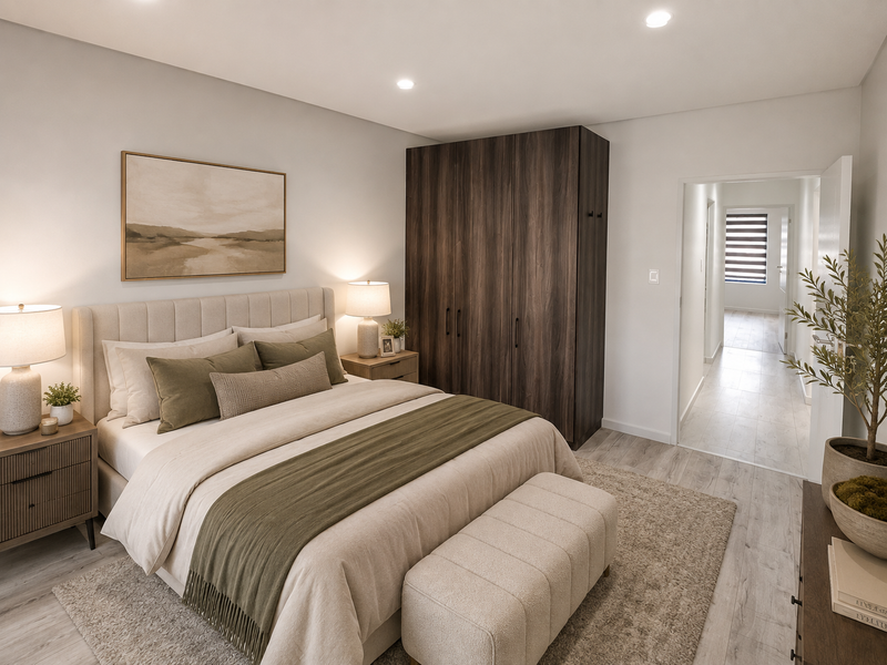 A well-appointed bedroom featuring modern laminate flooring, recessed downlighting, and a large built-in dark wood wardrobe, leading into a bright hallway.