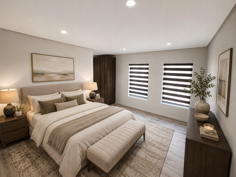 A well-appointed bedroom featuring modern recessed downlights, wood-look laminate flooring, and a built-in wardrobe with dual roller blinds for light control.