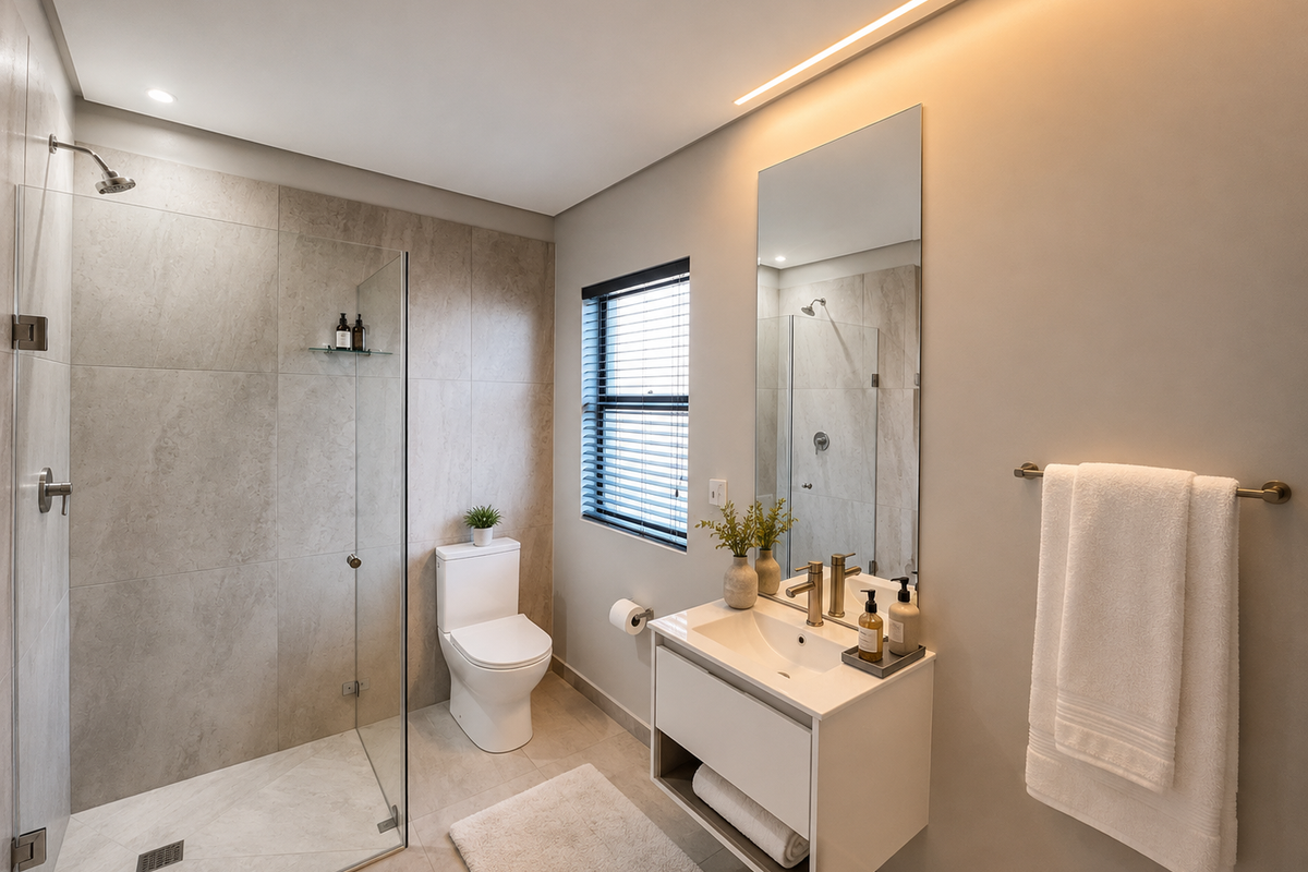 Modern bathroom featuring a walk-in shower with glass screen, wall-mounted vanity, and neutral tiled finishes.