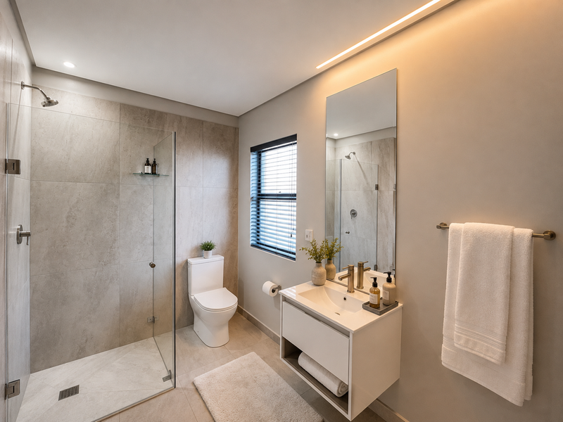 Modern bathroom featuring a walk-in shower with glass screen, wall-mounted vanity, and neutral tiled finishes.