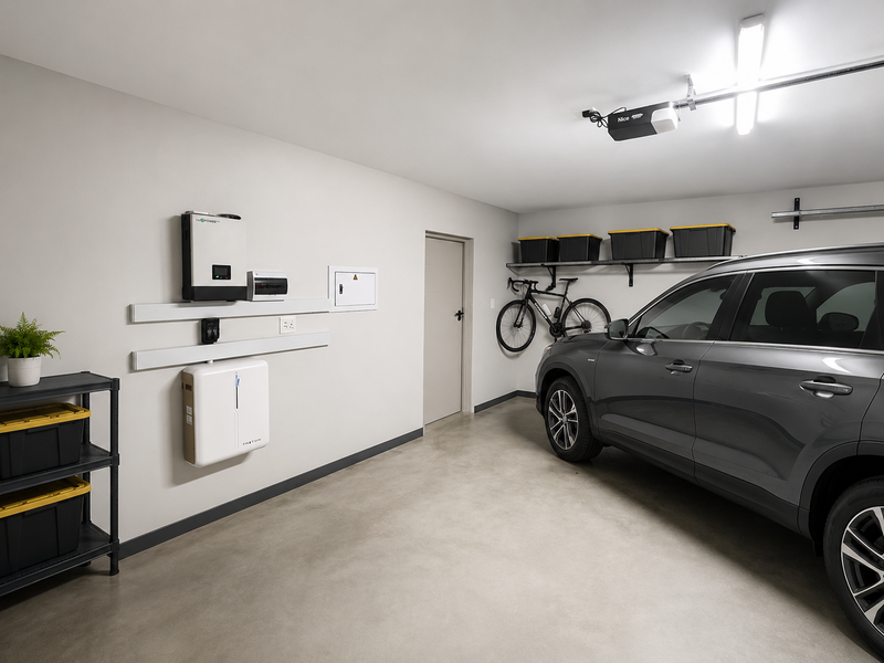 A clean, well-maintained garage featuring concrete flooring, wall-mounted solar inverter and battery storage system, and an automated garage door motor.