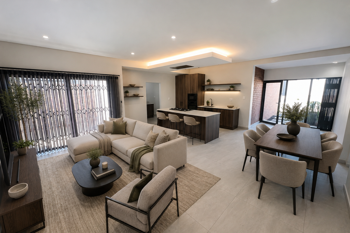 Modern open-plan living area featuring a sleek kitchen with island, dining space, and seamless flow to the patio through large sliding glass doors.