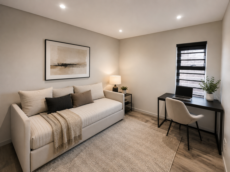 A well-maintained bedroom featuring modern laminate flooring, recessed downlighting, and contemporary roller blinds, presented in a clean and neutral aesthetic.