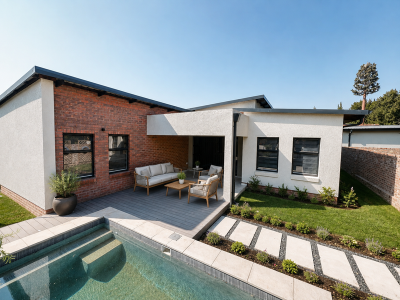 Rear exterior view of a modern townhouse featuring a swimming pool, composite deck, covered patio area, and landscaped garden with a paver walkway.