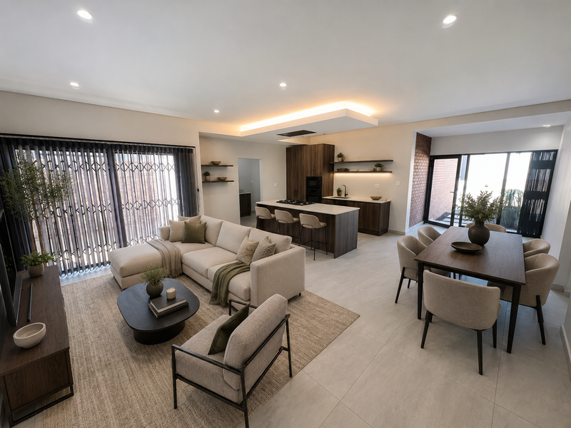 Modern open-plan living area featuring a sleek kitchen with island, dining space, and seamless flow to the patio through large sliding glass doors.