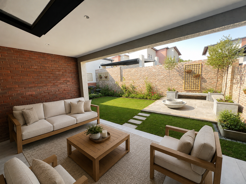 A covered patio featuring an exposed brick wall and recessed lighting, overlooking a landscaped garden with a stone paved area and built-in seating.