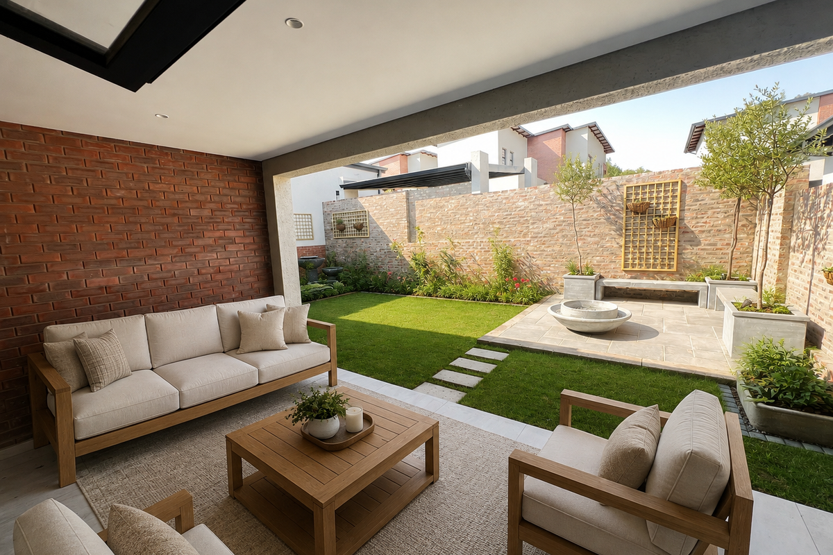 A covered patio featuring an exposed brick wall and recessed lighting, overlooking a landscaped garden with a stone paved area and built-in seating.