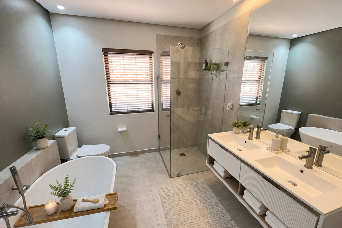 Modern, well-appointed bathroom featuring a freestanding bathtub, glass-enclosed shower, and a sleek double vanity with contemporary fixtures and neutral tiling.