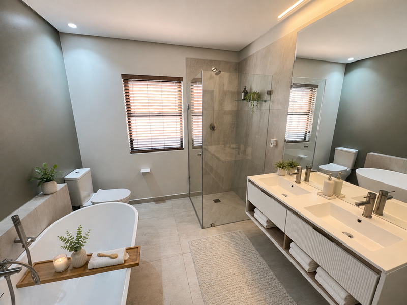 Modern, well-appointed bathroom featuring a freestanding bathtub, glass-enclosed shower, and a sleek double vanity with contemporary fixtures and neutral tiling.