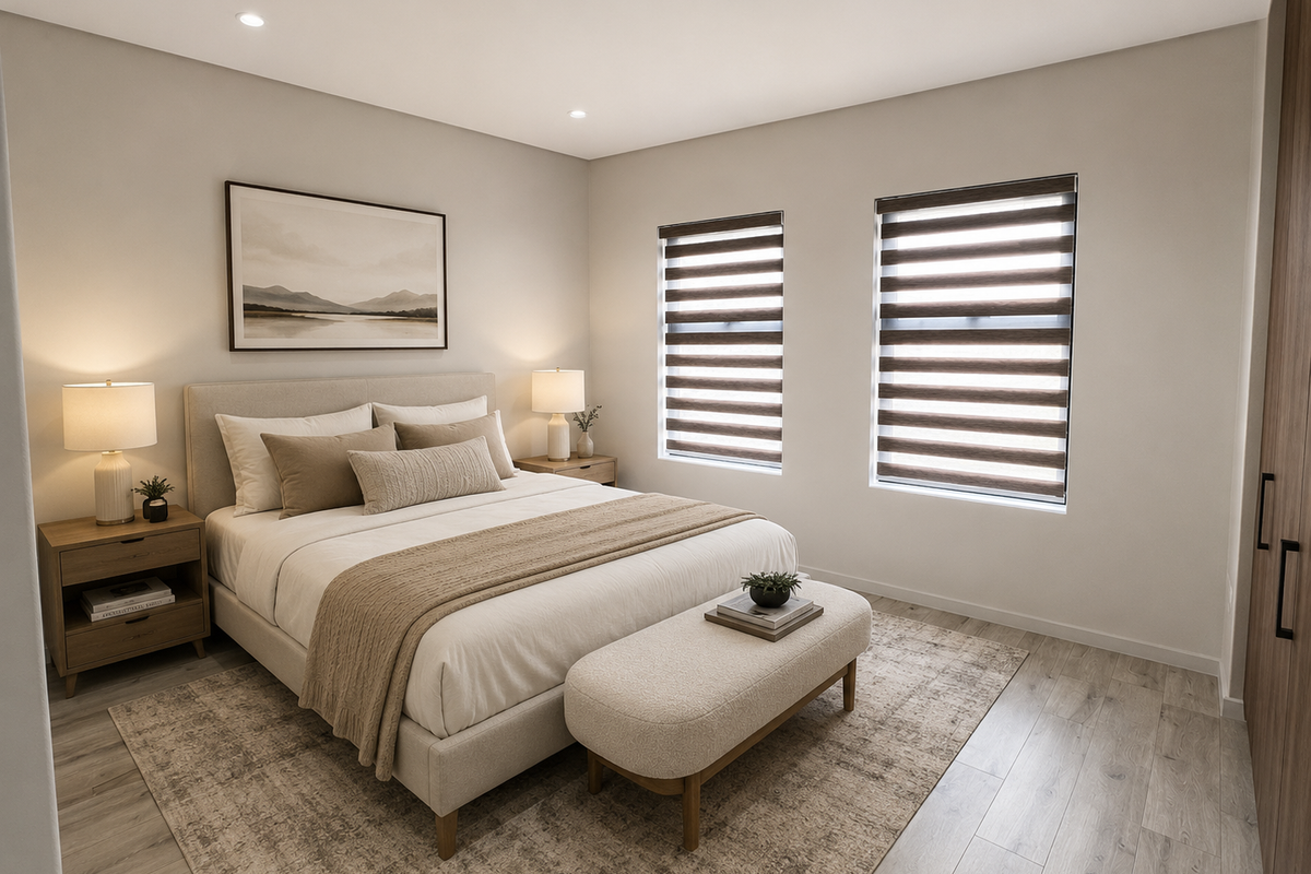A modern, well-lit bedroom featuring neutral tones, laminate flooring, built-in wardrobe storage, and dual roller blinds for adjustable natural light.