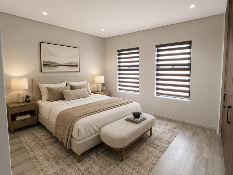 A modern, well-lit bedroom featuring neutral tones, laminate flooring, built-in wardrobe storage, and dual roller blinds for adjustable natural light.