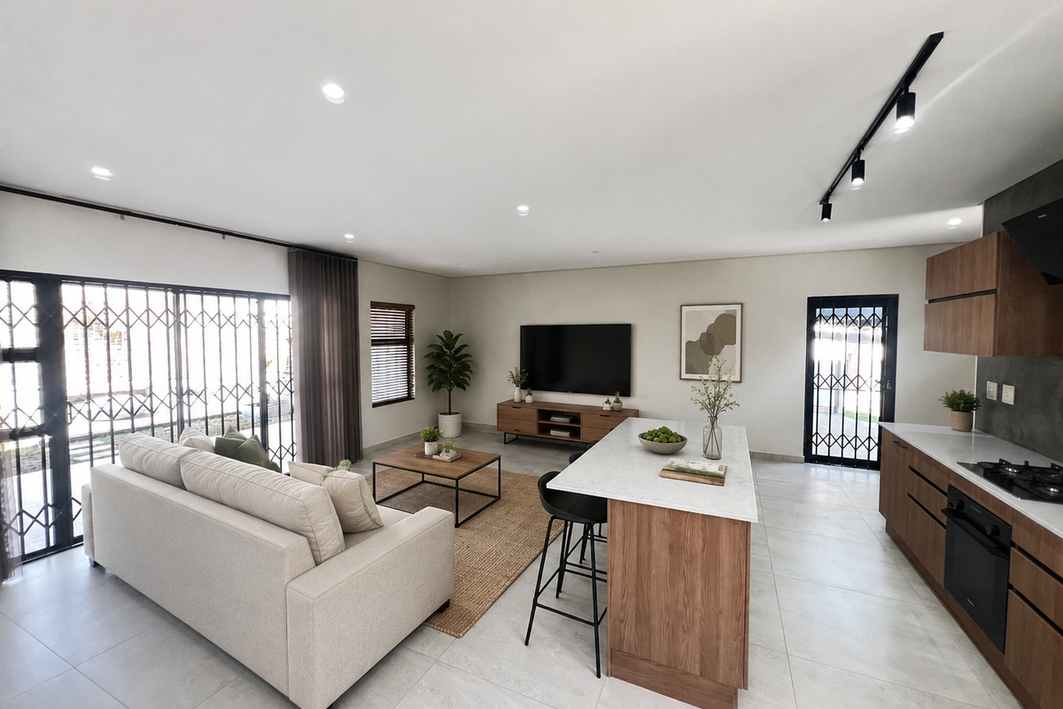 Modern open-plan living area featuring a sleek kitchen with stone island, built-in appliances, tiled floors, and direct access to the exterior via security gates.