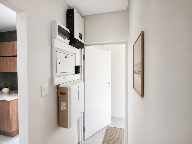A clean utility area featuring a wall-mounted solar inverter, battery storage system, and electrical distribution board, providing modern energy infrastructure.