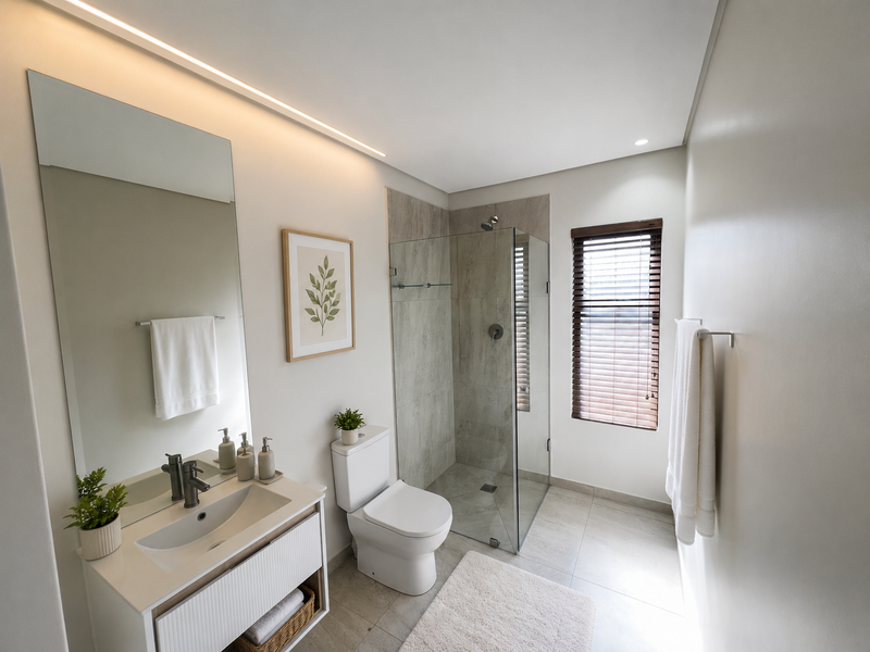 Modern bathroom featuring a sleek vanity, glass-enclosed shower, neutral tiling, and contemporary fixtures with integrated lighting.
