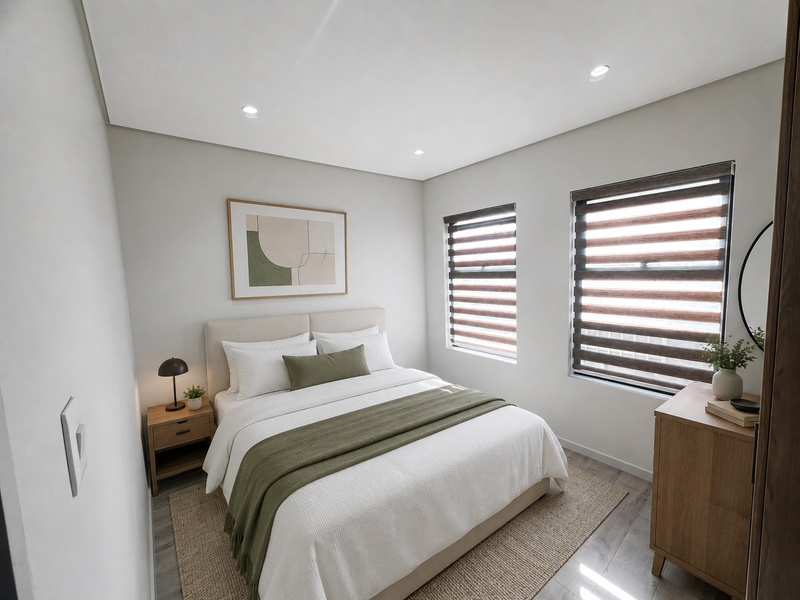 A bright and modern bedroom featuring neutral tones, recessed downlights, and dual windows with fitted roller blinds.
