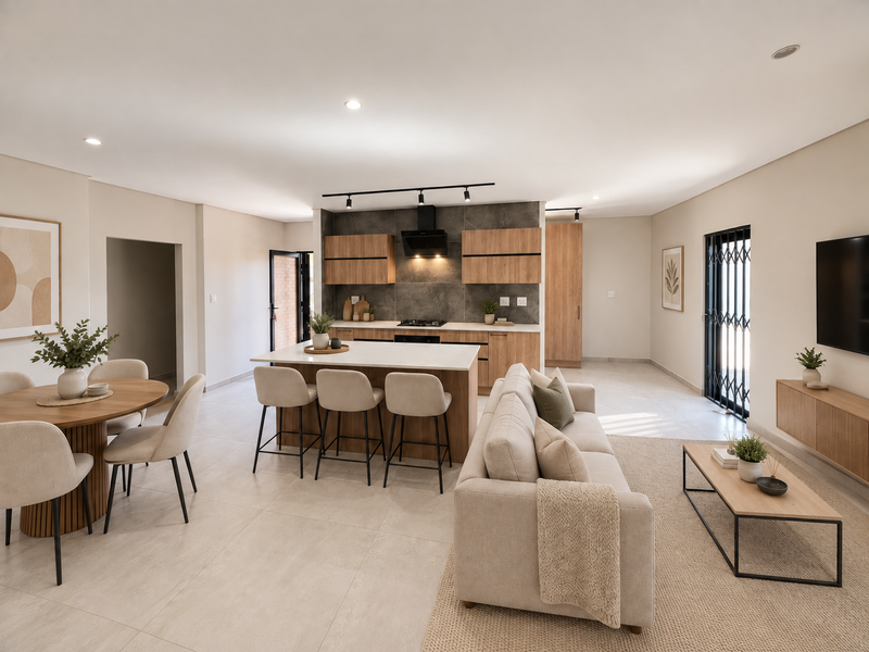Modern open-plan living area featuring a contemporary kitchen with a central island, sleek cabinetry, and integrated appliances, flowing into a bright, spacious lounge.