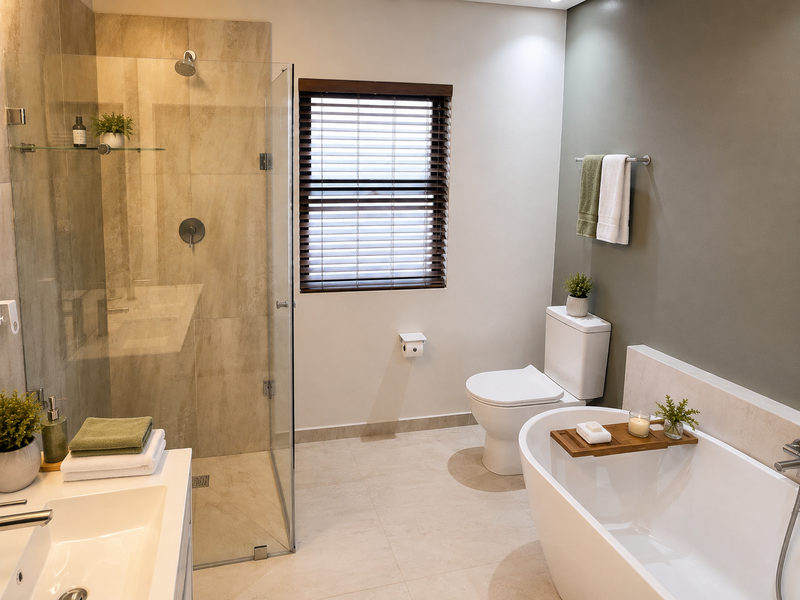 Modern bathroom featuring a glass-enclosed shower, a sleek freestanding bathtub, a vanity basin, and neutral tile finishes with a contemporary accent wall.