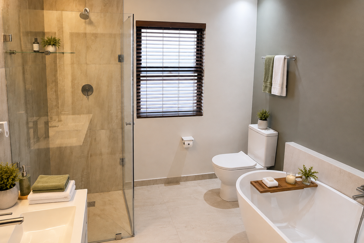 Modern bathroom featuring a glass-enclosed shower, a sleek freestanding bathtub, a vanity basin, and neutral tile finishes with a contemporary accent wall.