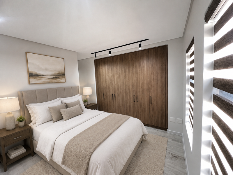 A modern, well-maintained bedroom featuring built-in wooden wardrobes, contemporary track lighting, and stylish zebra blinds, creating a clean and inviting living space.