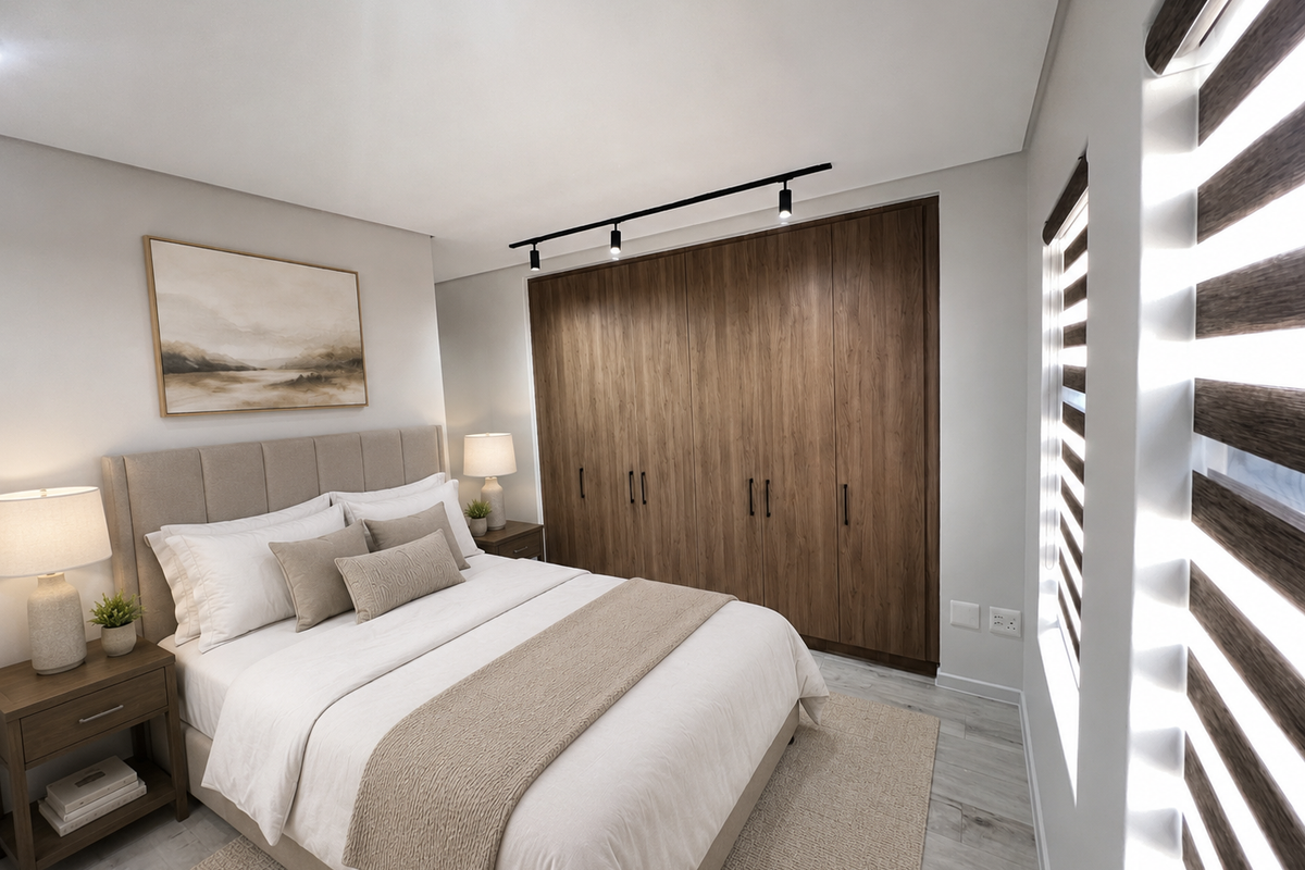 A modern, well-maintained bedroom featuring built-in wooden wardrobes, contemporary track lighting, and stylish zebra blinds, creating a clean and inviting living space.