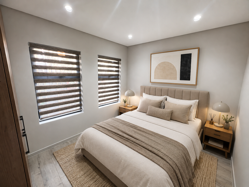 A well-lit, modern bedroom featuring neutral tones, recessed downlights, laminate flooring, and zebra blinds, creating a comfortable and inviting living space.