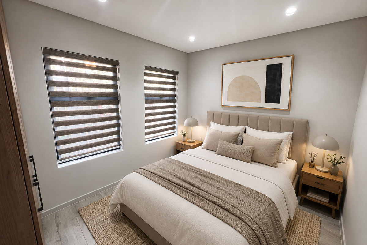 A well-lit, modern bedroom featuring neutral tones, recessed downlights, laminate flooring, and zebra blinds, creating a comfortable and inviting living space.