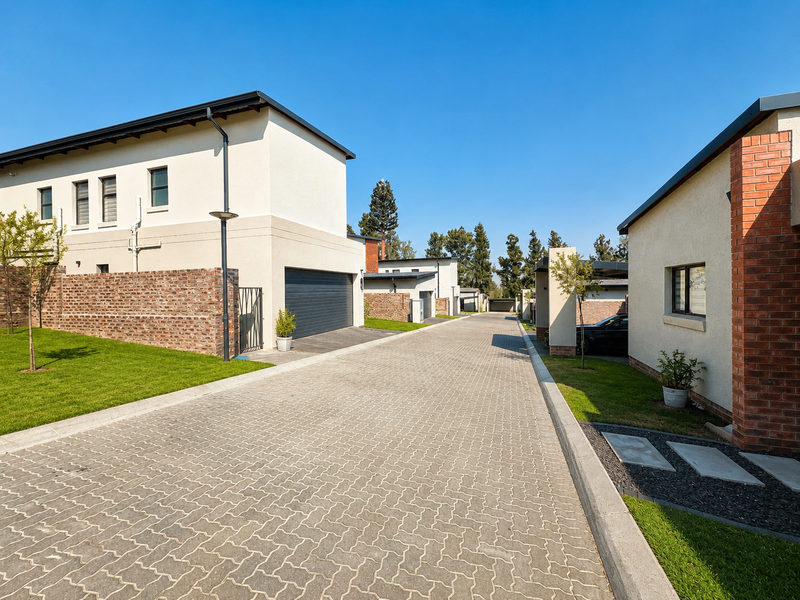 A well-maintained residential townhouse complex street view featuring paved driveways, modern brick and plaster facades, and manicured lawns.