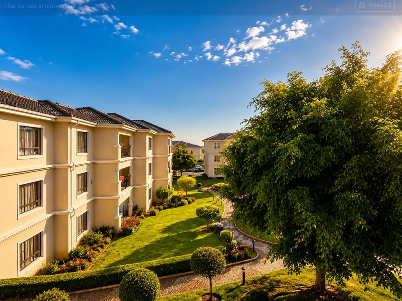 A well-maintained apartment complex exterior featuring landscaped gardens, paved walkways, and private balconies under a clear blue sky.