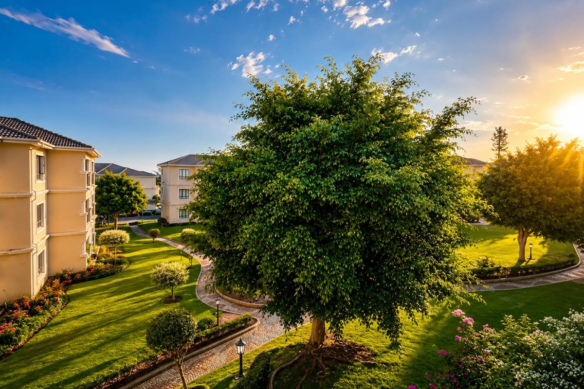 A beautifully landscaped communal garden area featuring mature trees, manicured lawns, and paved pathways between apartment buildings at sunset.