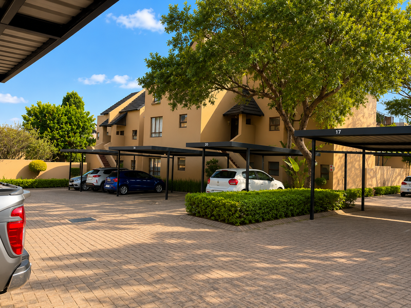 Exterior view of an apartment complex featuring paved parking areas with covered carports, landscaped garden hedges, and multi-level residential units.