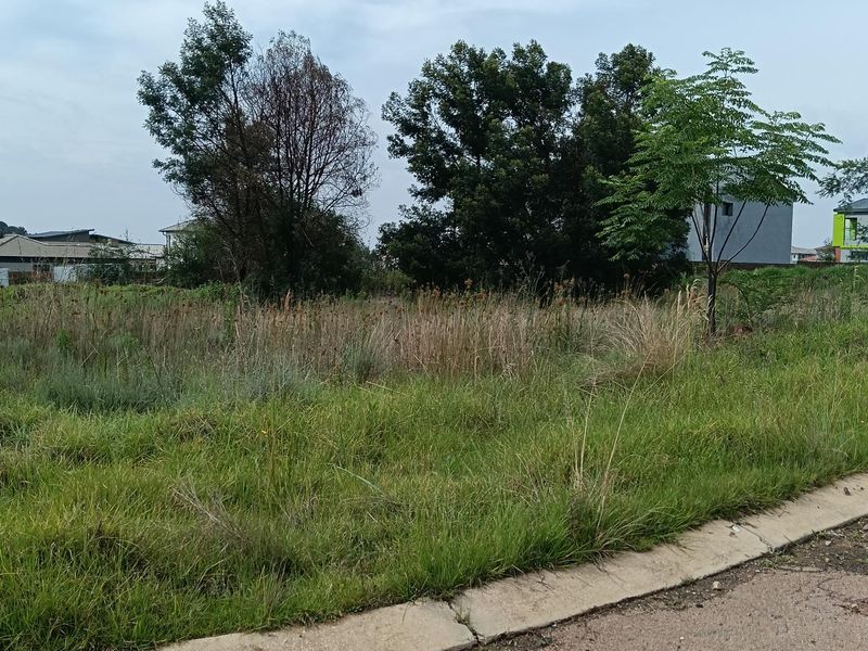 A vacant residential plot featuring overgrown grass and mature trees, bordered by a concrete curb along the street frontage.