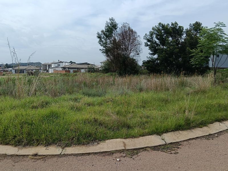 A vacant residential plot featuring natural grass and mature trees, bordered by a concrete curb and asphalt road in a developed neighborhood.
