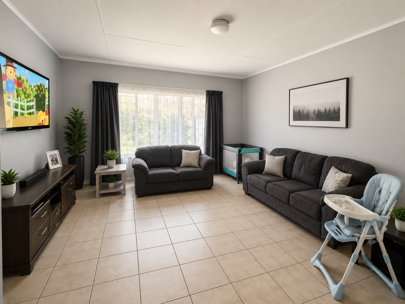 A well-maintained living room featuring neutral tiled flooring, large windows with curtain tracks, and a clean, spacious layout.