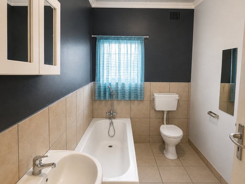 A clean, functional bathroom featuring a pedestal basin, built-in bathtub, and toilet with neutral floor tiles and contrasting dark wall paint.