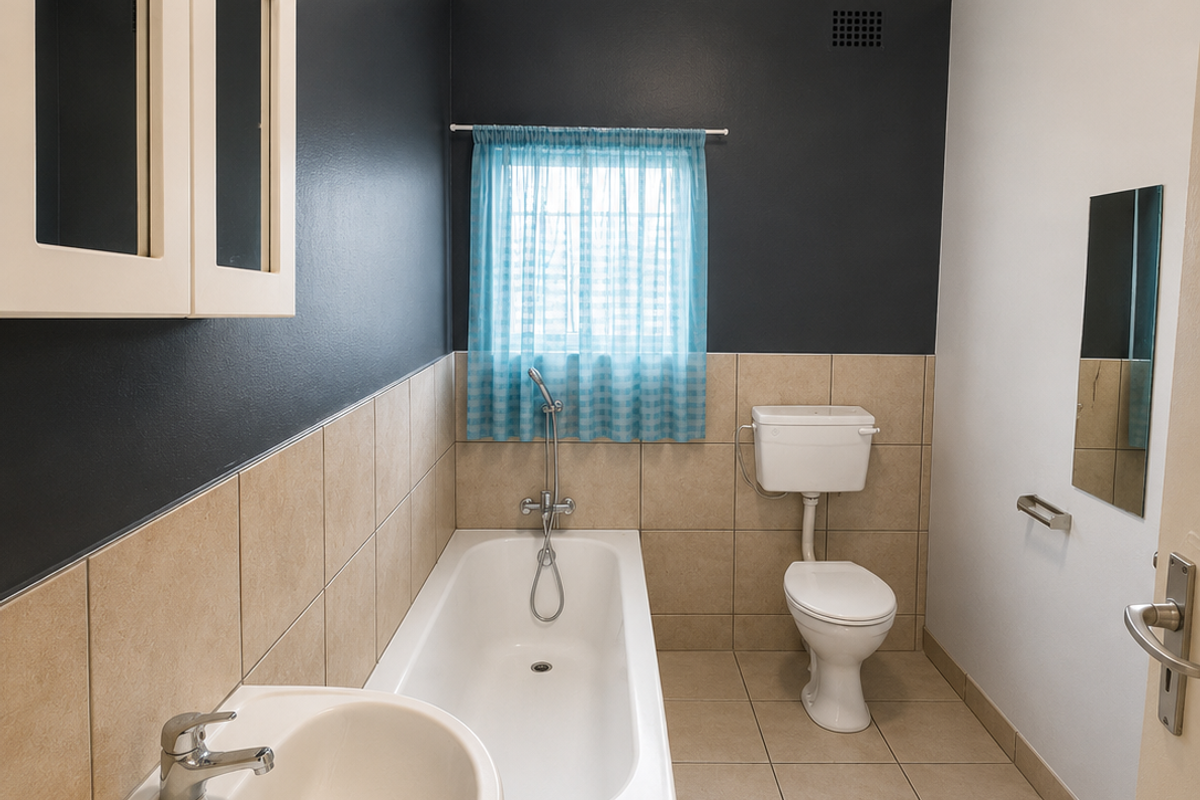 A clean, functional bathroom featuring a pedestal basin, built-in bathtub, and toilet with neutral floor tiles and contrasting dark wall paint.