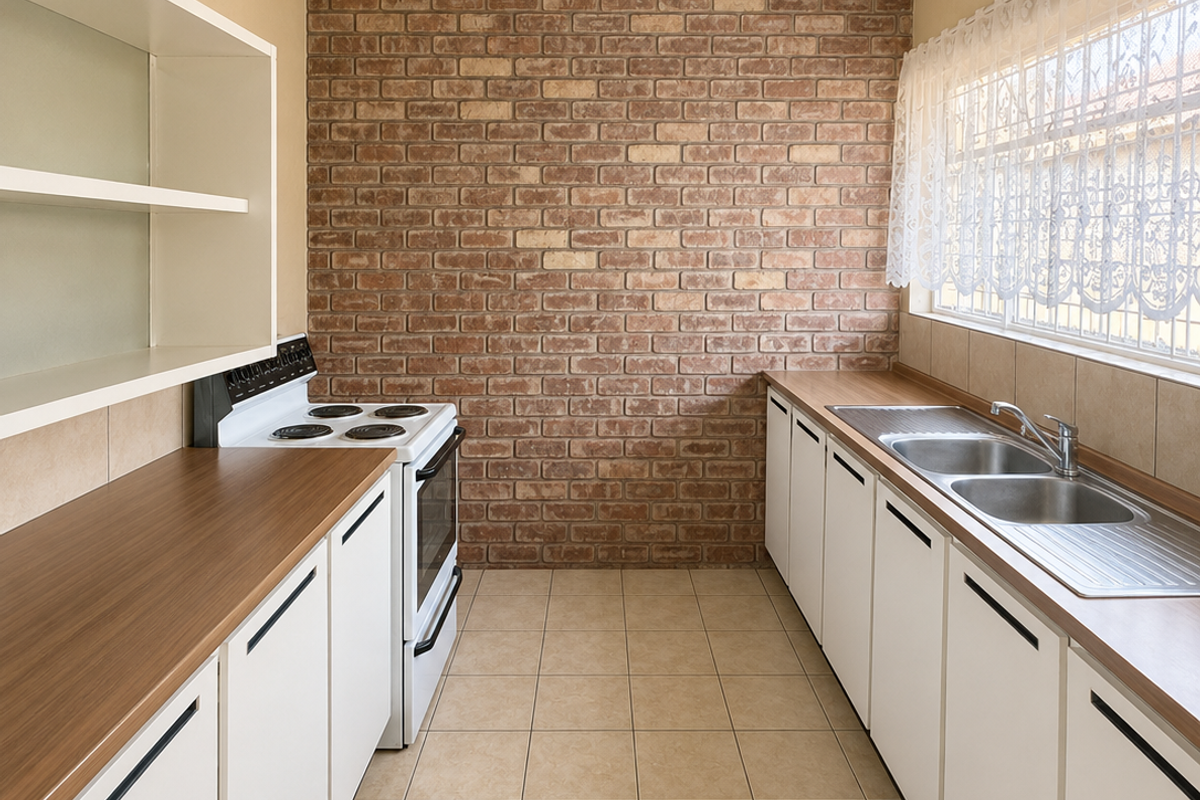 A functional galley-style kitchen featuring an exposed brick feature wall, white cabinetry, laminate countertops, and a double bowl stainless steel sink.
