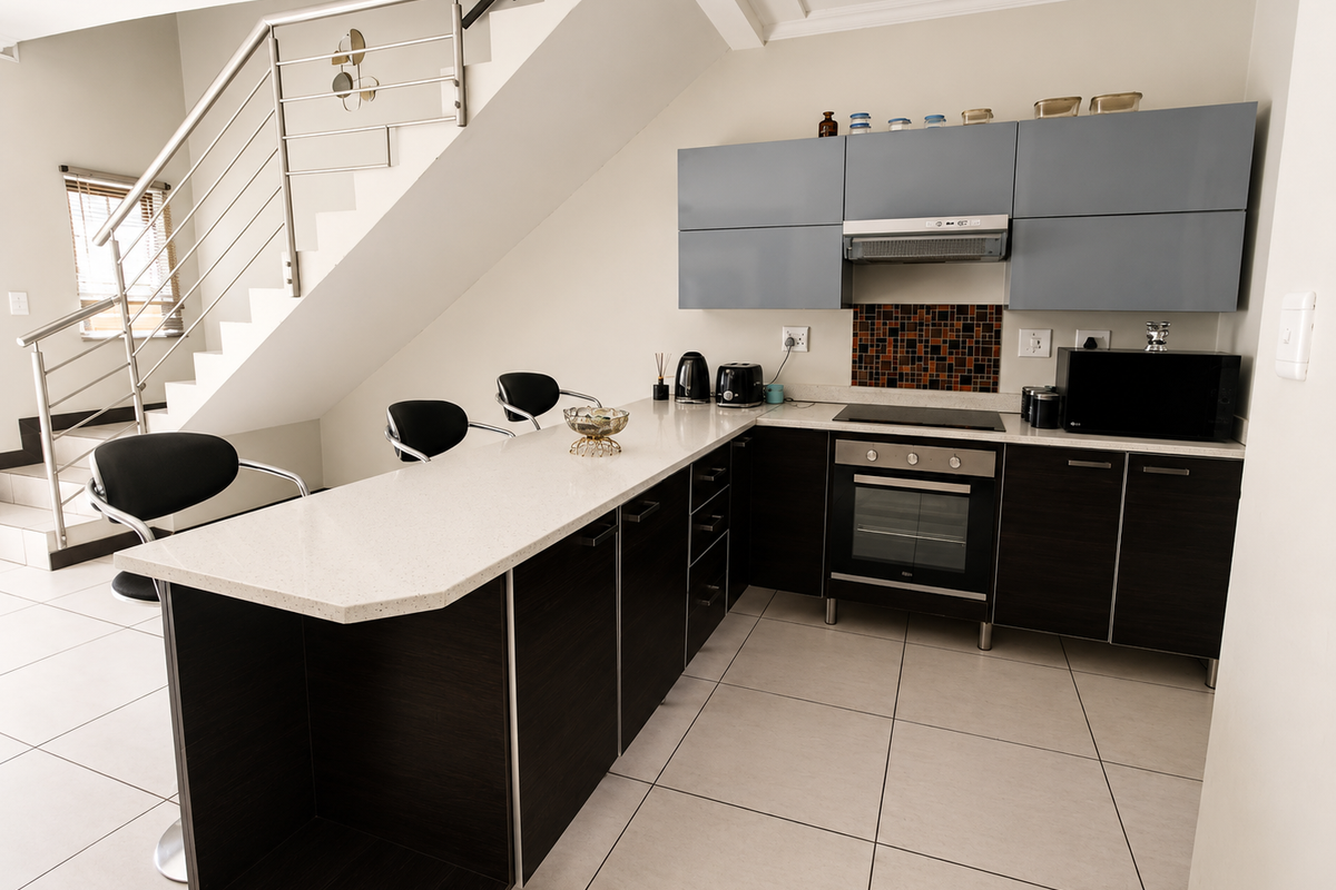 Modern kitchen featuring dark wood cabinetry, light stone countertops, integrated oven and hob, and an adjacent staircase with stainless steel railing.